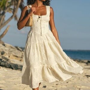 Lulus Antionette Cream Embroidered Sequin Button-front Midi Dress White - Size M